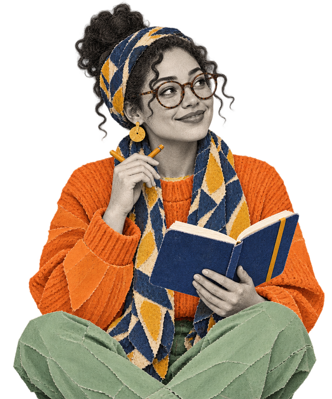 Fictional culture explorer in an orange paper sweater with a journal