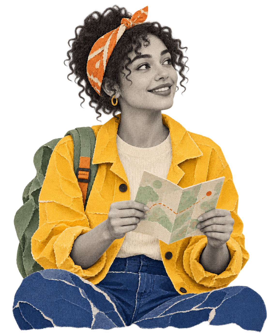 Fictional traveler made from torn paper and photographic collage, holding a map