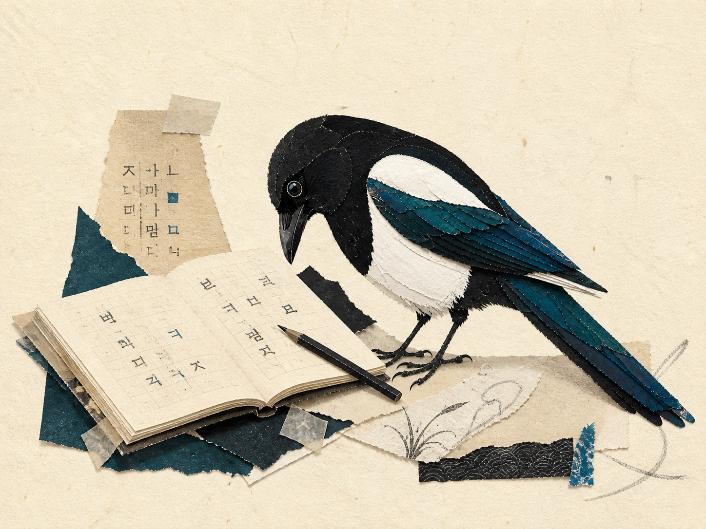 A paper magpie practicing Korean beside an open notebook